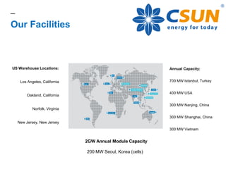Our Facilities
US Warehouse Locations:
Los Angeles, California
Oakland, California
Norfolk, Virginia
New Jersey, New Jersey
Annual Capacity:
700 MW Istanbul, Turkey
400 MW USA
300 MW Nanjing, China
300 MW Shanghai, China
300 MW Vietnam
2GW Annual Module Capacity
200 MW Seoul, Korea (cells)
 