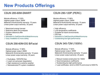 http://www.csun-solar.com
New Products Offerings
CSUN 285-60M-SMART
Module efficiency: 17.50%
Highest power output: 285W
Material & Workmanship warranty: 10 years
Linear power output warranty: 25 years
✓ Maximized energy harvest
✓ Real-time alerts and analyses
✓ Positive tolerance offer
✓ PID free
✓ Resistant to Salt/Sand/Acid/Alkali/Ammonia
✓ Easy installation & more safety
CSUN 290-120P (PERC)
Module efficiency: 17.86%
Highest power output: 290W
Material & Workmanship warranty: 10 years
Linear power output warranty: 25 years
✓ High efficiency
✓ Low temperature coefficients
✓ Suitable for harsh environments
✓ PID free
✓ Resistant to Salt/Sand/Acid/Alkali/Ammonia
✓ Outstanding low light performance
CSUN 345-72M (1500V)
Module efficiency: 17.82%
Highest power output: 345W
Material & Workmanship warranty: 10 years
Linear power output warranty: 25 years
✓ Robust module construction for 1500V
✓ Good temperature coefficients
✓ Outstanding low light performance
✓ Load certificates: wind to 2400 Pa and snow to 5400 Pa
CSUN 290-60M-DG BiFacial
Module efficiency: 17.86%
Highest power output: 290W
Material & Workmanship warranty: 10 years
Linear power output warranty: 30 years
✓ Dual glass, 100%PID-free
✓ Lower annual power degradation
✓ High resistance to extreme weather
✓ Sea/waterside PV system installation
 