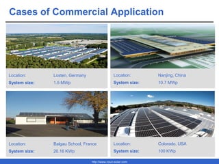 http://www.csun-solar.com
Cases of Commercial Application
Location: Losten, Germany
System size: 1.5 MWp
Location: Nanjing, China
System size: 10.7 MWp
Location: Balgau School, France
System size: 20.16 KWp
Location: Colorado, USA
System size: 100 KWp
 