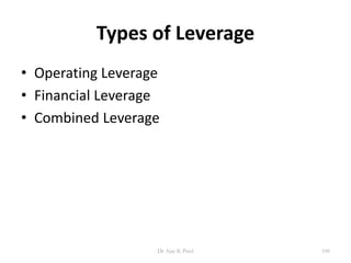 Types of Leverage
• Operating Leverage
• Financial Leverage
• Combined Leverage
100Dr Ajay K Patel
 