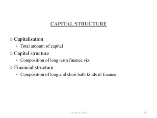 CAPITAL STRUCTURE
 Capitalisation
 Total amount of capital
 Capital structure
 Composition of long term finance viz.
 Financial structure
 Composition of long and short both kinds of finance
107Dr Ajay K Patel
 