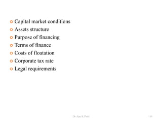  Capital market conditions
 Assets structure
 Purpose of financing
 Terms of finance
 Costs of floatation
 Corporate tax rate
 Legal requirements
110Dr Ajay K Patel
 
