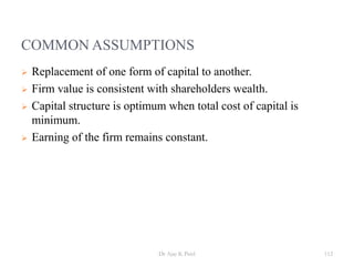 COMMON ASSUMPTIONS
 Replacement of one form of capital to another.
 Firm value is consistent with shareholders wealth.
 Capital structure is optimum when total cost of capital is
minimum.
 Earning of the firm remains constant.
112Dr Ajay K Patel
 