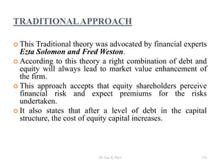 TRADITIONALAPPROACH
 This Traditional theory was advocated by financial experts
Ezta Solomon and Fred Weston.
 According to this theory a right combination of debt and
equity will always lead to market value enhancement of
the firm.
 This approach accepts that equity shareholders perceive
financial risk and expect premiums for the risks
undertaken.
 It also states that after a level of debt in the capital
structure, the cost of equity capital increases.
116Dr Ajay K Patel
 
