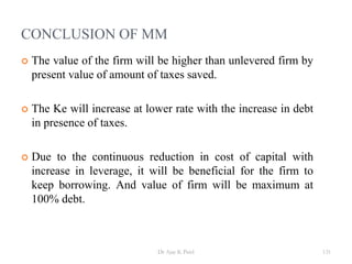 CONCLUSION OF MM
 The value of the firm will be higher than unlevered firm by
present value of amount of taxes saved.
 The Ke will increase at lower rate with the increase in debt
in presence of taxes.
 Due to the continuous reduction in cost of capital with
increase in leverage, it will be beneficial for the firm to
keep borrowing. And value of firm will be maximum at
100% debt.
131Dr Ajay K Patel
 