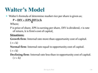 Walter’s Model
 Walter’s formula of determine market rice per share is given as;
P = DIV + (EPS-DIV)r/k
Where;
P is price of share, EPS is earning per share, DIV is dividend, r is rate
of return, k is firm’s cost of capital.
Situations;
Growth firm: Internal rate more than opportunity cost of capital.
( r > k)
Normal firm: Internal rate equal to opportunity cost of capital.
( r = k)
Declining firm: Internal rate less than to opportunity cost of capital.
( r < k)
K
138Dr Ajay K Patel
 