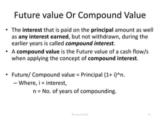 Future value Or Compound Value
• The interest that is paid on the principal amount as well
as any interest earned, but not withdrawn, during the
earlier years is called compound interest.
• A compound value is the Future value of a cash flow/s
when applying the concept of compound interest.
• Future/ Compound value = Principal (1+ i)^n.
– Where, i = interest,
n = No. of years of compounding.
14Dr Ajay K Patel
 