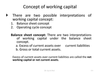 Concept of working capital
 There are two possible interpretations of
working capital concept:
1. Balance sheet concept
2. Operating cycle concept
Balance sheet concept: There are two interpretations
of working capital under the balance sheet
concept.
a. Excess of current assets over current liabilities
b. Gross or total current assets.
Excess of current assets over current liabilities are called the net
working capital or net current assets.
153Dr Ajay K Patel
 