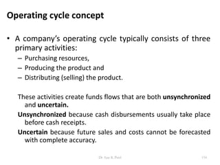 Operating cycle concept
• A company’s operating cycle typically consists of three
primary activities:
– Purchasing resources,
– Producing the product and
– Distributing (selling) the product.
These activities create funds flows that are both unsynchronized
and uncertain.
Unsynchronized because cash disbursements usually take place
before cash receipts.
Uncertain because future sales and costs cannot be forecasted
with complete accuracy.
154Dr Ajay K Patel
 
