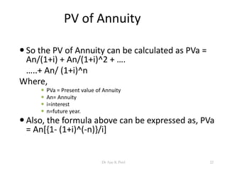 PV of Annuity
 So the PV of Annuity can be calculated as PVa =
An/(1+i) + An/(1+i)^2 + ….
…..+ An/ (1+i)^n
Where,
 PVa = Present value of Annuity
 An= Annuity
 i=interest
 n=future year.
 Also, the formula above can be expressed as, PVa
= An[{1- (1+i)^(-n)}/i]
22Dr Ajay K Patel
 