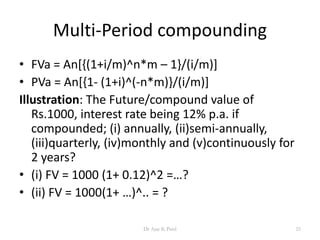 Multi-Period compounding
• FVa = An[{(1+i/m)^n*m – 1}/(i/m)]
• PVa = An[{1- (1+i)^(-n*m)}/(i/m)]
Illustration: The Future/compound value of
Rs.1000, interest rate being 12% p.a. if
compounded; (i) annually, (ii)semi-annually,
(iii)quarterly, (iv)monthly and (v)continuously for
2 years?
• (i) FV = 1000 (1+ 0.12)^2 =…?
• (ii) FV = 1000(1+ …)^.. = ?
25Dr Ajay K Patel
 