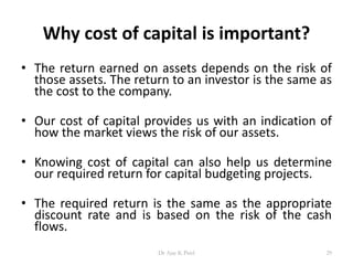 Why cost of capital is important?
• The return earned on assets depends on the risk of
those assets. The return to an investor is the same as
the cost to the company.
• Our cost of capital provides us with an indication of
how the market views the risk of our assets.
• Knowing cost of capital can also help us determine
our required return for capital budgeting projects.
• The required return is the same as the appropriate
discount rate and is based on the risk of the cash
flows.
29Dr Ajay K Patel
 