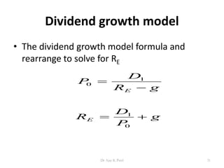 Dividend growth model
• The dividend growth model formula and
rearrange to solve for RE
gR
D
P
E 
 1
0
g
P
D
RE 
0
1
31Dr Ajay K Patel
 