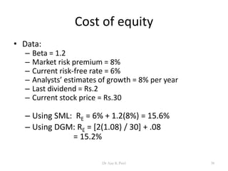 Cost of equity
• Data:
– Beta = 1.2
– Market risk premium = 8%
– Current risk-free rate = 6%
– Analysts’ estimates of growth = 8% per year
– Last dividend = Rs.2
– Current stock price = Rs.30
– Using SML: RE = 6% + 1.2(8%) = 15.6%
– Using DGM: RE = [2(1.08) / 30] + .08
= 15.2%
38Dr Ajay K Patel
 