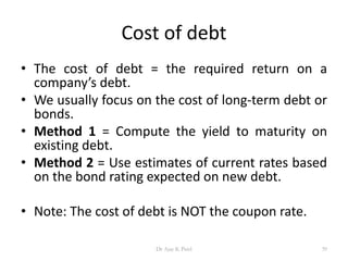 Cost of debt
• The cost of debt = the required return on a
company’s debt.
• We usually focus on the cost of long-term debt or
bonds.
• Method 1 = Compute the yield to maturity on
existing debt.
• Method 2 = Use estimates of current rates based
on the bond rating expected on new debt.
• Note: The cost of debt is NOT the coupon rate.
39Dr Ajay K Patel
 