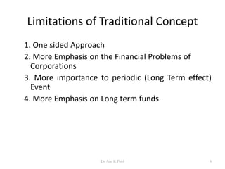 Limitations of Traditional Concept
1. One sided Approach
2. More Emphasis on the Financial Problems of
Corporations
3. More importance to periodic (Long Term effect)
Event
4. More Emphasis on Long term funds
4Dr Ajay K Patel
 