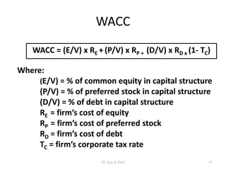 WACC
WACC = (E/V) x RE + (P/V) x RP + (D/V) x RD x (1- TC)
Where:
(E/V) = % of common equity in capital structure
(P/V) = % of preferred stock in capital structure
(D/V) = % of debt in capital structure
RE = firm’s cost of equity
RP = firm’s cost of preferred stock
RD = firm’s cost of debt
TC = firm’s corporate tax rate
47Dr Ajay K Patel
 