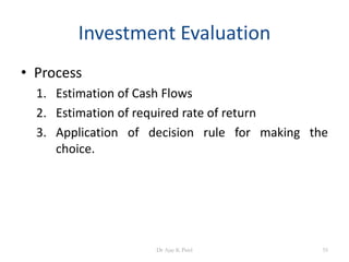 Investment Evaluation
• Process
1. Estimation of Cash Flows
2. Estimation of required rate of return
3. Application of decision rule for making the
choice.
55Dr Ajay K Patel
 