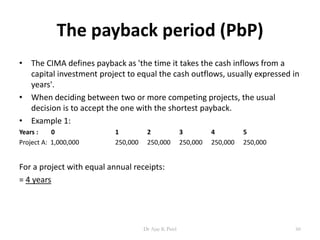 The payback period (PbP)
• The CIMA defines payback as 'the time it takes the cash inflows from a
capital investment project to equal the cash outflows, usually expressed in
years'.
• When deciding between two or more competing projects, the usual
decision is to accept the one with the shortest payback.
• Example 1:
Years : 0 1 2 3 4 5
Project A: 1,000,000 250,000 250,000 250,000 250,000 250,000
For a project with equal annual receipts:
= 4 years
60Dr Ajay K Patel
 
