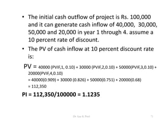 • The initial cash outflow of project is Rs. 100,000
and it can generate cash inflow of 40,000, 30,000,
50,000 and 20,000 in year 1 through 4. assume a
10 percent rate of discount.
• The PV of cash inflow at 10 percent discount rate
is:
PV = 40000 (PVIF,1, 0.10) + 30000 (PVIF,2,0.10) + 50000(PVIF,3,0.10) +
20000(PVIF,4,0.10)
= 40000(0.909) + 30000 (0.826) + 50000(0.751) + 20000(0.68)
= 112,350
PI = 112,350/100000 = 1.1235
71Dr Ajay K Patel
 