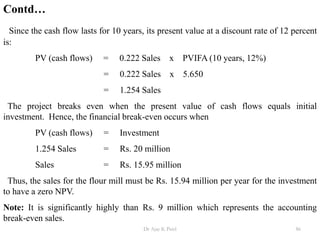 Contd…
Since the cash flow lasts for 10 years, its present value at a discount rate of 12 percent
is:
PV (cash flows) = 0.222 Sales x PVIFA (10 years, 12%)
= 0.222 Sales x 5.650
= 1.254 Sales
The project breaks even when the present value of cash flows equals initial
investment. Hence, the financial break-even occurs when
PV (cash flows) = Investment
1.254 Sales = Rs. 20 million
Sales = Rs. 15.95 million
Thus, the sales for the flour mill must be Rs. 15.94 million per year for the investment
to have a zero NPV.
Note: It is significantly highly than Rs. 9 million which represents the accounting
break-even sales.
86Dr Ajay K Patel
 