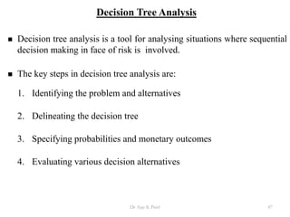 Decision Tree Analysis
 Decision tree analysis is a tool for analysing situations where sequential
decision making in face of risk is involved.
 The key steps in decision tree analysis are:
1. Identifying the problem and alternatives
2. Delineating the decision tree
3. Specifying probabilities and monetary outcomes
4. Evaluating various decision alternatives
87Dr Ajay K Patel
 