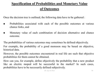 Specification of Probabilities and Monetary Value
of Outcomes
Once the decision tree is outlined, the following data have to be gathered :
 Probabilities associated with each of the possible outcomes at various
chance forks, and
 Monetary value of each combination of decision alternative and chance
outcome.
The probabilities of various outcomes may sometimes be defined objectively.
For example, the probability of a good monsoon may be based on objective,
historical data.
However, the possible outcomes encountered in real life are such that objective
probabilities for them cannot be obtained.
How can you, for example, define objectively the probability that a new product
like an electric moped will be successful in the market? In such cases,
probabilities have to be necessarily defined subjectively.
88Dr Ajay K Patel
 