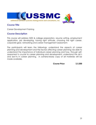 25
Course Title
Career Development Training
Course Description
This course will address GED & college preparation, resume writing, employment
application, job developing, having right attitude, choosing the right career,
corporate gear, networking and career management assessment.
The participants will learn the followings: understand the aspects of career
planning and development and the factors affecting career planning; be able to
understand the importance of individual career planning and how, through self-
assessment is crucial to career planning and development; understand the do’s
and don’ts in career planning. A camera-ready copy of all materials will be
made available.
Course Price $ 3,200
 