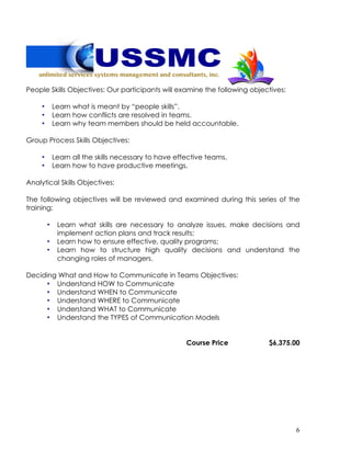 6
People Skills Objectives: Our participants will examine the following objectives:
• Learn what is meant by “people skills”.
• Learn how conflicts are resolved in teams.
• Learn why team members should be held accountable.
Group Process Skills Objectives:
• Learn all the skills necessary to have effective teams.
• Learn how to have productive meetings.
Analytical Skills Objectives:
The following objectives will be reviewed and examined during this series of the
training:
• Learn what skills are necessary to analyze issues, make decisions and
implement action plans and track results;
• Learn how to ensure effective, quality programs;
• Learn how to structure high quality decisions and understand the
changing roles of managers.
Deciding What and How to Communicate in Teams Objectives:
• Understand HOW to Communicate
• Understand WHEN to Communicate
• Understand WHERE to Communicate
• Understand WHAT to Communicate
• Understand the TYPES of Communication Models
Course Price $6,375.00
 
