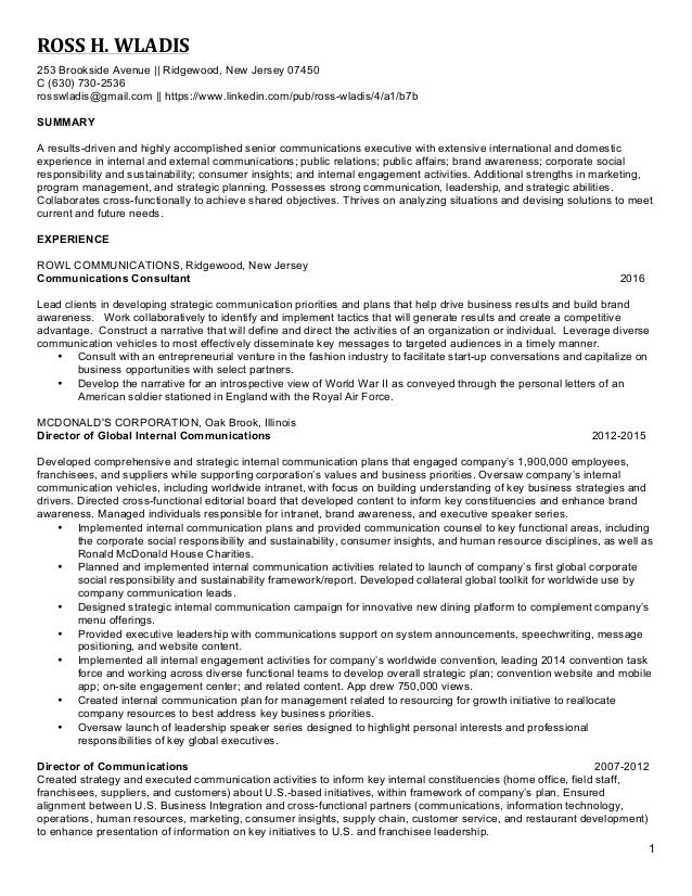 ross wladis resume 2016 internal communications resumes