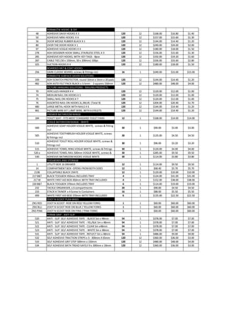 PERMASTIK HOOKS & DIY
48 ADHESIVE DAISY HOOKS X 3 120 12 $168.00 $16.80 $1.40
50 ADHESIVE MINI HOOKS X 4 120 12 $157.00 $15.60 $1.30
56 DOOR WEDGE RUBBER BLACK X 1 120 12 $144.00 $14.40 $1.20
80 OVER THE DOOR HOOK X 1 120 12 $240.00 $24.00 $2.00
97 ADHESIVE VOGUE HOOKS X 4 120 12 $180.00 $18.00 $1.50
278 ADH DESIGNER HOOK SMALL STAINLESS STEEL X 3 120 12 $156.00 $15.60 $1.30
285 ADHESIVE KEY HOOKS, WITH KEY TAGS - 8pce 120 12 $192.00 $19.20 $1.60
287 CABLE TIES (50 x 150mm, 50 x 200mm) 100pc 120 12 $336.00 $33.60 $2.80
325 SUCTION HOOKS X 4 120 12 $180.00 $18.00 $1.50
BOARDED HAT & COAT HOOKS
256 DARK CLASSIC BOARD, screws & fittings incl 16 1 $240.00 $15.00 $15.00
PERMASTIK SURFACE SAVER SOLUTIONS
339 ADH SCRATCH PROTECTOR, round 16mm x 3mm x 20 pads 120 12 $144.00 $14.40 $1.20
482 ADH ASTD FELT PACK BLACK x 3.5mm - 2 squares 150mm 120 12 $480.00 $48.00 $4.00
PICTURE HANGING SOLUTIONS - NAILING PRODUCTS
70 HERCULES HANGER X 4 120 12 $120.00 $12.00 $1.00
74 MEDIUMNAIL ON HOOKS X 5 120 12 $120.00 $12.00 $1.00
75 SMALL NAIL ON HOOKS X 7 120 12 $120.00 $12.00 $1.00
76 ASSORTED NAIL ON HOOKS 2L,3M,4S (Total 9) 120 12 $204.00 $20.40 $1.70
480 LARGE METAL HOOK WITH NAILS X 6 120 12 $144.00 $14.40 $1.20
481 PICTURE WIRE KIT 1.8MT WIRE, WITH 6 EYELETS 120 12 $144.00 $14.40 $1.20
PREMIER BATHROOMRANGE
184 TOILET SEAT - FITS MOST STANDARD TOILET PANS 12 1 $168.00 $14.00 $14.00
VOGUE BATHROOMRANGE - WHITE
500
ADHESIVE SOAP HOLDER VOGUE WHITE, screws & fitting
incl
30 1 $90.00 $3.00 $3.00
505
ADHESIVE TOOTHBRUSH HOLDER VOGUE WHITE, screws
& fittings incl
30 1 $135.00 $4.50 $4.50
510
ADHESIVE TOILET ROLL HOLDER VOGUE WHITE, screws &
fittings incl
30 1 $96.00 $3.20 $3.20
515 ADHESIVE TOWEL RING VOGUE WHITE, screws & fittings 30 1 $120.00 $4.00 $4.00
520 a ADHESIVE TOWEL RAIL 500mm VOGUE WHITE, screws & 30 1 $285.00 $9.50 $9.50
530 ADHESIVE BATHROOMHOOKS VOGUE WHITE 30 1 $114.00 $3.80 $3.80
TOOLBOXES AND STORAGE
1 UTILITY BOX 16 DRAWER 12 1 $114.00 $9.50 $9.50
14 COMPARTMENT BOX -OPENS FROMBOTH SIDES 12 1 $68.40 $5.70 $5.70
213B COLLAPSIBLE BLACK CRATE 12 1 $120.00 $10.00 $10.00
217 B&T BLACK TOOLBOX 450mm INCLUDES TRAY 4 1 $124.00 $31.00 $31.00
217 W WHITE FIRST AID BOX 450mm WITH TRAY INCLUDED 4 1 $152.00 $38.00 $38.00
220 B&T BLACK TOOLBOX 370mm INCLUDES TRAY 6 1 $114.00 $19.00 $19.00
232 TACKLE ORGANISER, x 6 compartments 20 1 $90.00 $4.50 $4.50
233 STACK A TAINER x 4 Screw In Containers 16 1 $88.00 $5.50 $5.50
499 WHITE FIRST AID BOX 370mm WITH TRAY INCLUDED 6 1 $135.00 $22.50 $22.50
ZOOT N SCOOT PUSH BIKES
ZNS RED ZOOT N SCOOT -RIDE ON RED/ YELLOW FORKS 1 1 $60.00 $60.00 $60.00
ZNS BLU ZOOT N SCOOT RIDE ON BLUE / YELLOW FORKS 1 1 $60.00 $60.00 $60.00
ZNS PINK ZOOT N SCOOT RIDE ON PINK / PINK FORKS 1 1 $60.00 $60.00 $60.00
PERMA GRIP - ANTI SLIP
520 ANTI - SLIP SELF ADHESIVE TAPE - BLACK 5m x 48mm 54 1 $378.00 $7.00 $7.00
521 ANTI - SLIP SELF ADHESIVE TAPE - YEL/BLK 5m x 48mm 54 1 $378.00 $7.00 $7.00
522 ANTI - SLIP SELF ADHESIVE TAPE - CLEAR 5m x48mm 54 1 $378.00 $7.00 $7.00
523 ANTI - SLIP SELF ADHESIVE TAPE - WHITE 5m x 48mm 54 1 $378.00 $7.00 $7.00
531 ANTI - SLIP SELF ADHESIVE TAPE - REFLECT 5m x 48mm 54 1 $486.00 $9.00 $9.00
532 SELF ADHESIVE TRACTION STRIPS x 3 - 300mm X 65mm 120 12 $360.00 $36.00 $3.00
533 SELF ADHESIVE GRIT STEP 500mm x 150mm 120 12 $480.00 $48.00 $4.00
534 SELF ADHESIVE BATH TREAD SAFELY 9 x 300mm x 18mm 120 12 $360.00 $36.00 $3.00
 