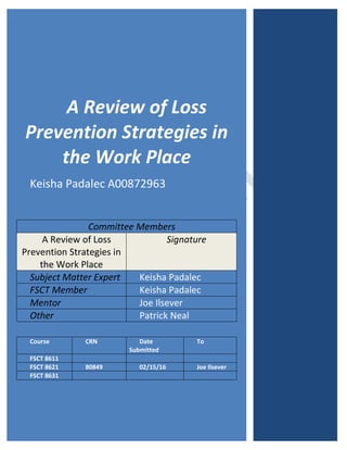 0
A Review of Loss
Prevention Strategies in
the Work Place
Keisha Padalec A00872963
Committee Members
A Review of Loss
Prevention Strategies in
the Work Place
Signature
Subject Matter Expert Keisha Padalec
FSCT Member Keisha Padalec
Mentor Joe Ilsever
Other Patrick Neal
Course CRN Date
Submitted
To
FSCT 8611
FSCT 8621 80849 02/15/16 Joe Ilsever
FSCT 8631
 