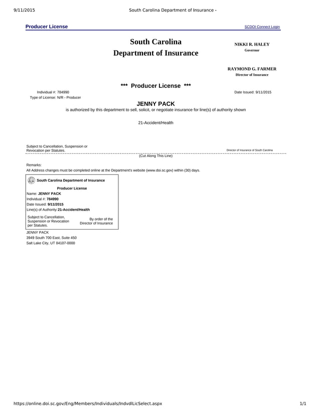 South Carolina Department of Insurance License- | PDF