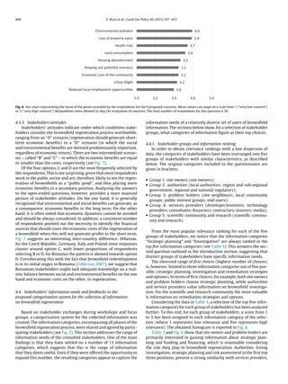446 E. Rizzo et al. / Land Use Policy 48 (2015) 437–453
3.0
3.2
3.2
3.2
3.3
3.6
3.7
3.9
4.0
1.0 2.0 3.0 4.0 5.0
Reduced local employment opportuniƟes
Urban blight
Economic Loss of the community
Keeping out potenƟal investors
Housing abandonment
Land consumpƟon
Health risks
Loss of property value
Environmental polluƟon
Fig. 6. Bar chart representing the mean of the points provided by the respondents for the 9 proposed concerns. Mean values can range on a scale from 1 (“very low concern”)
to 5 (“very high concern”). Respondents were allowed to skip the evaluation of concerns. The total number of respondents for this question is 50.
4.3.3. Stakeholders’attitudes
Stakeholders’ attitudes indicate under which conditions stake-
holders consider the brownﬁeld regeneration process worthwhile,
ranging from an “A” scenario (regeneration should generate short-
term economic beneﬁts) to a “D” scenario (in which the social
and environmental beneﬁts are deemed predominantly important,
regardless of economic return). There are two intermediate scenar-
ios – called “B” and “C” – in which the economic beneﬁts are equal
or smaller than the costs, respectively (see Fig. 7).
Of the four options, C and D are the most frequently selected by
the respondents. This is not surprising, given that most respondents
work in the public sector and are, therefore, likely to see the regen-
eration of brownﬁelds as a “public good”, and thus placing mere
economic beneﬁts in a secondary position. Analysing the answers
to the open-ended questions, however, provides a more nuanced
picture of stakeholder attitudes. On the one hand, it is generally
recognised that environmental and social beneﬁts can generate, as
a consequence, economic beneﬁts in the long term. On the other
hand, it is often noted that economic dynamics cannot be avoided
and should be always considered. In addition, a consistent number
of respondents pointed out the necessity to identify the ﬁnancial
sources that should cover the economic costs of the regeneration of
a brownﬁeld when this will not generate proﬁts in the short term.
Fig. 7 suggests an interesting inter-country difference. Whereas,
for the Czech Republic, Germany, Italy and Poland most responses
cluster around option C, with lower proportions of respondents
selecting B or D, for Romania the pattern is skewed towards option
D. Corroborating this with the fact that brownﬁeld redevelopment
is in its initial stages in Romania (Cobârzan 2007), we suggest that
Romanian stakeholders might lack adequate knowledge on a real-
istic balance between social and environmental beneﬁts on the one
hand and economic costs on the other, in regeneration.
4.4. Stakeholders’ information needs and feedbacks to the
proposed categorisation system for the collection of information
on brownﬁeld regeneration
Based on stakeholder exchanges during workshops and focus
groups, a categorisation system for the collected information was
created. The information categories, encompassing all phases of the
brownﬁeld regeneration process, were shared and agreed by partic-
ipating stakeholders (see Fig. 2). This section addresses the range of
information needs of the consulted stakeholders. One of the main
ﬁndings is that they have settled on a number of 13 information
categories, which suggests that this is the range of information
that they deem useful. Even if they were offered the opportunity to
expand this number, the resulting categories appear to capture the
information needs of a relatively diverse set of users of brownﬁeld
information. The sections below show, for a selection of stakeholder
groups, what categories of information ﬁgure as their top choices.
4.4.1. Stakeholder groups and information ranking
In order to obtain relevance rankings with a low dispersion of
data, the categories of stakeholders have been rearranged into ﬁve
groups of stakeholders with similar characteristics, as described
below. The original categories included in the questionnaire are
given in brackets:
• Group 1: site owners (site owners);
• Group 2: authorities (local authorities; region and sub-regional
government; regional and national regulators);
• Group 3: problem holders (site neighbours; local community
groups; public interest groups; end-users);
• Group 4: services providers (developer/investors; technology
providers; consultants; ﬁnanciers; contractors; insurers; media);
• Group 5: scientiﬁc community and research (scientiﬁc commu-
nity and research).
From the most popular relevance ranking for each of the ﬁve
groups of stakeholders, we notice that the information categories
“Strategic planning” and “Investigation” are always ranked in the
top ﬁve information categories (see Table 3). This answers the sec-
ond question outlined in the introduction section, suggesting that
distinct groups of stakeholders have speciﬁc information needs.
The observed range of ﬁrst choices (highest number of choices)
is, however, limited to three information categories out of ﬁve pos-
sible (strategic planning, investigation and remediation strategies
and options). In terms of ﬁrst choices, for example, both site owners
and problem holders choose strategic planning, while authorities
and service providers value information on brownﬁeld investiga-
tion. For the scientiﬁc and research community the most valuable
is information on remediation strategies and options.
Considering the data in Table 3, a selection of the top ﬁve infor-
mation categories for each group of stakeholders has been analysed
further. To this end, for each group of stakeholders, a score from 1
to 5 has been assigned to each information category of the selec-
tion (where 1 represents low relevance and ﬁve represents high
relevance). The obtained histogram is reported in Fig. 8.
Table 3 and Fig. 8 show that site owners and problem holders are
primarily interested in gaining information about strategic plan-
ning and funding and ﬁnancing, which is reasonable considering
the role they play in brownﬁeld regeneration. Authorities, listing
investigation, strategic planning and risk assessment in the ﬁrst top
three positions, present a strong similarity with services providers,
 