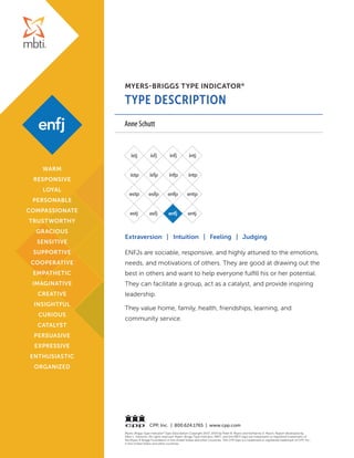 MYERS-BRIGGS TYPE INDICATOR®
TYPE DESCRIPTION
Myers-Briggs Type Indicator®
Type Description Copyright 2007, 2014 by Peter B. Myers and Katharine D. Myers. Report developed by
Allen L. Hammer. All rights reserved. Myers-Briggs Type Indicator, MBTI, and the MBTI logo are trademarks or registered trademarks of
the Myers & Briggs Foundation in the United States and other countries. The CPP logo is a trademark or registered trademark of CPP, Inc.,
in the United States and other countries.
CPP, Inc. | 800.624.1765 | www.cpp.com
Extraversion | Intuition | Feeling | Judging
ENFJs are sociable, responsive, and highly attuned to the emotions,
needs, and motivations of others. They are good at drawing out the
best in others and want to help everyone fulfill his or her potential.
They can facilitate a group, act as a catalyst, and provide inspiring
leadership.
They value home, family, health, friendships, learning, and
community service.
WARM
RESPONSIVE
LOYAL
PERSONABLE
COMPASSIONATE
TRUSTWORTHY
GRACIOUS
SENSITIVE
SUPPORTIVE
COOPERATIVE
EMPATHETIC
IMAGINATIVE
CREATIVE
INSIGHTFUL
CURIOUS
CATALYST
PERSUASIVE
EXPRESSIVE
ENTHUSIASTIC
ORGANIZED
Anne Schutt
 