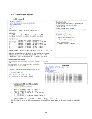14
A.2 Transformed Model
2.2.1 Model 2
Generalized F-Test Example:
The F-value is large so this suggests that we would not want want to drop the predictor variable
X4.
Tests	
  for	
  Normality:	
  
𝐻@:Residuals are normally distributed.
𝐻Q:Residuals are not normally
distributed.
Significance level ∝=. 𝟎𝟓
Tests	
  for	
  Constant	
  Error	
  Variance:	
  
𝐻@:Residuals have constant variance. (accept if 𝑝 − 𝑣𝑎𝑙𝑢𝑒 >
. 𝟎𝟓
𝐻Q:Residuals do not have constant variance.
Significance level ∝=. 𝟎𝟓 Outliers
 