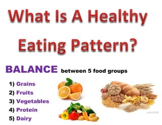 BALANCE between 5 food groups
1) Grains
2) Fruits
3) Vegetables
4) Protein
5) Dairy
 