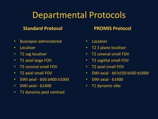 Departmental Protocols
Standard Protocol
• Buscopan administered
• Localiser
• T2 sag localiser
• T1 axial large FOV
• T2 coronal small FOV
• T2 axial small FOV
• DWI axial - b50 b400 b1000
• DWI axial - b1400
• T1 dynamic post contrast
PROMIS Protocol
• Localiser
• T2 3 plane localiser
• T2 coronal small FOV
• T2 sagittal small FOV
• T2 axial small FOV
• DWI axial - b0 b150 b500 b1000
• DWI axial - b1400
• T1 dynamic vibe
 