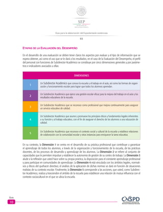 Guía para la elaboración del Expedientede evidencias
EE
Guía
10
Etapas de la Evaluación del Desempeño
En el desarrollo de una evaluación se deben tener claros los aspectos por evaluar y el tipo de información que se
espera obtener, así como el uso que se le dará a los resultados; en el caso de la Evaluación del Desempeño, el perfil
del personal con funciones de Subdirector Académico se constituye por cinco dimensiones generales y por paráme-
tros e indicadores asociados a ellas:
DIMENSIONES
1
Un Subdirector Académico que conoce la escuela y el trabajo en el aula, así como las formas de organi-
zación y funcionamiento escolar para lograr que todos los alumnos aprendan.
2
Un Subdirector Académico que ejerce una gestión escolar eficaz para la mejora del trabajo en el aula y los
resultados educativos de la escuela.
3
Un Subdirector Académico que se reconoce como profesional que mejora continuamente para asegurar
un servicio educativo de calidad.
4
Un Subdirector Académico que asume y promueve los principios éticos y fundamentos legales inherentes
a su función y al trabajo educativo, con el fin de asegurar el derecho de los alumnos a una educación de
calidad.
5
Un Subdirector Académico que reconoce el contexto social y cultural de la escuela y establece relaciones
de colaboración con la comunidad escolar y otras instancias para enriquecer la tarea educativa.
En su contexto, la Dimensión 1 se centra en el desarrollo de su práctica profesional que contribuye a garantizar
el aprendizaje de todos los alumnos, a través de la organización y funcionamiento de la escuela, de las prácticas
docentes, de los procesos de desarrollo y aprendizaje de los alumnos. La Dimensión 2 se refiere al conjunto de
capacidades que le permiten impulsar y establecer la autonomía de gestión de su centro de trabajo. La Dimensión 3
alude a la reflexión que usted hace sobre su propia práctica, la disposición para el constante aprendizaje profesional
y para participar en comunidades de aprendizaje. La Dimensión 4 está vinculada con los ámbitos legales, normati-
vos y éticos del quehacer directivo; el análisis de la aplicación de dichas normas se dará en función de situaciones
realistas de su contexto escolar. Finalmente, la Dimensión 5 corresponde a las acciones, que usted, como Subdirec-
tor Académico, realiza y trascienden el ámbito de la escuela para establecer una relación de mutua influencia con el
contexto sociocultural en el que se ubica la escuela.
 