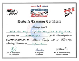 Supra Driver Traning Certificate
