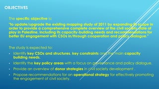 OBJECTIVES
The specific objective is:
"to update/upgrade the existing mapping study of 2011 by expanding its scope in
order to provide a comprehensive complete overview of the civil society state of
play in Palestine, including its capacity-building needs and recommendations for
better EU engagement with CSOs in/through cooperation and policy dialogue."
The study is expected to:
• Identify key CSOs and structures, key constraints and the main capacity
building needs.
• Identify the key policy areas with a focus on governance and policy dialogue.
• Provide an overview of donor strategies in civil society development .
• Propose recommendations for an operational strategy for effectively promoting
the engagement of civil society.
 