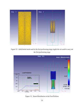 13
Figure 12: (left) Initial mesh used in the first preforming stage (right) die set used to carry out
the first preforming stage
Figure 13: Strain Distribution in the First Preform
 