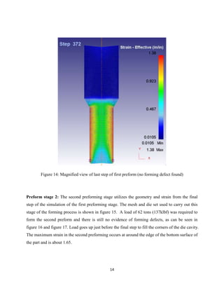 14
Figure 14: Magnified view of last step of first preform (no forming defect found)
Preform stage 2: The second preforming stage utilizes the geometry and strain from the final
step of the simulation of the first preforming stage. The mesh and die set used to carry out this
stage of the forming process is shown in figure 15. A load of 62 tons (137klbf) was required to
form the second preform and there is still no evidence of forming defects, as can be seen in
figure 16 and figure 17. Load goes up just before the final step to fill the corners of the die cavity.
The maximum strain in the second preforming occurs at around the edge of the bottom surface of
the part and is about 1.65.
 