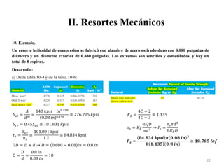 II. Resortes Mecánicos
22
10. Ejemplo.
Un resorte helicoidal de compresión se fabricó con alambre de acero estirado duro con 0.080 pulgadas de
diámetro y un diámetro exterior de 0.880 pulgadas. Los extremos son sencillos y esmerilados, y hay un
total de 8 espiras.
Desarrollo:
a) De la tabla 10-4 y de la tabla 10-6:
𝑆𝑢𝑡 =
𝐴
𝑑𝑚
=
140 𝑘𝑝𝑠𝑖 ∙ 𝑖𝑛0.190
0.08 𝑖𝑛 0.190
≅ 226.225 𝑘𝑝𝑠𝑖
𝑆𝑠𝑦 = 0.45𝑆𝑢𝑡 ≅ 101.801 𝑘𝑝𝑠𝑖
𝜏𝑠 =
𝑆𝑠𝑦
𝑛𝑠
≅
101.801 𝑘𝑝𝑠𝑖
1.2
≅ 84.834 𝑘𝑝𝑠𝑖
𝑂𝐷 = 𝐷 + 𝑑 → 𝐷 = 0.880 − 0.08 𝑖𝑛 = 0.8 𝑖𝑛
𝐶 =
𝐷
𝑑
=
0.8 𝑖𝑛
0.08 𝑖𝑛
= 10
𝐾𝐵 =
4𝐶 + 2
4𝐶 − 3
≅ 1.135
𝜏𝑠 = 𝐾𝐵
8𝐹
𝑠𝐷
𝜋𝑑3
→ 𝐹
𝑠 =
𝜏𝑠𝜋𝑑3
8𝐾𝐵𝐷
𝑭𝒔 =
𝟖𝟒. 𝟖𝟑𝟒 𝒌𝒑𝒔𝒊 𝝅 𝟎. 𝟎𝟖 𝒊𝒏 𝟑
𝟖 𝟏. 𝟏𝟑𝟓 𝟎. 𝟖 𝒊𝒏
≅ 𝟏𝟖. 𝟕𝟖𝟓 𝒍𝒃𝒇
 