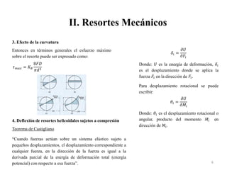 II. Resortes Mecánicos
6
3. Efecto de la curvatura
Entonces en términos generales el esfuerzo máximo
sobre el resorte puede ser expresado como:
𝜏𝑚𝑎𝑥 = 𝐾𝐵
8𝐹𝐷
𝜋𝑑3
4. Deflexión de resortes helicoidales sujetos a compresión
Teorema de Castigliano
“Cuando fuerzas actúan sobre un sistema elástico sujeto a
pequeños desplazamientos, el desplazamiento correspondiente a
cualquier fuerza, en la dirección de la fuerza es igual a la
derivada parcial de la energía de deformación total (energía
potencial) con respecto a esa fuerza”.
𝛿𝑖 =
𝜕𝑈
𝜕𝐹𝑖
Donde: 𝑈 es la energía de deformación, 𝛿𝑖
es el desplazamiento donde se aplica la
fuerza 𝐹𝑖 en la dirección de 𝐹𝑖.
Para desplazamiento rotacional se puede
escribir:
𝜃𝑖 =
𝜕𝑈
𝜕𝑀𝑖
Donde: 𝜃𝑖 es el desplazamiento rotacional o
angular, producto del momento 𝑀𝑖 en
dirección de 𝑀𝑖.
 