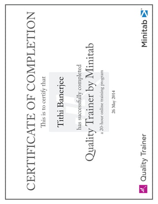 CERTIFICATEOFCOMPLETION
QualityTrainerbyMinitab
a20-houronlinetrainingprogram
hassuccessfullycompleted
TithiBanerjee
26May2014
 