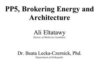 PP5, Brokering Energy and
Architecture
Ali Eltatawy
Doctor of Medicine Candidate
Dr. Beata Lecka-Czernick, Phd.
Department of Orthopedic
 