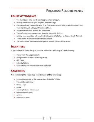 5
PROGRAM REQUIREMENTS
COURT ATTENDANCE
• You must be on time and dressed appropriately for court.
• Be prepared to discuss your progress with the Judge.
• Complete all tasks ordered in your Drug Court Contract and bring proof of completion to
your monthly visit with your Probation Officer.
• Leave food and drink outside the courtroom.
• Turn off cell phones, tablets, and /or other electronic devices.
• Missing your court date will result in the issuance of a Failure to Appear Bench Warrant.
• There are no children allowed in the courtroom.
• You must remain for the entire Drug Court hearing (unless on the A-list).
INCENTIVES
If you follow all the rules you may be rewarded with any of the following:
• Praise from the Judge in court.
• Being allowed to leave court early (A-list).
• Gift Cards
• Sobriety Tokens
• Graduation/Early Termination from Probation
SANCTIONS
Not following the rules may result in any of the following:
• Increased reporting to the court and /or Probation Officer
• Increased drug testing
• Writing a paper
• Curfew
• Attending Probation violation court
• Community service hours
• Jail time
• Revocation to prison
 
