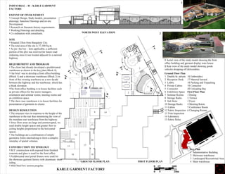 16 Embroidery
17 Material Inward
18 Packing and Unpacking
19 Connector
20 Unloading Bay
First Floor Plan
1 Dining
2 Terrace
3 Foyer
4 Meeting Room
5 Conference Room
6 Changing Rooms
Key Plan
1 Administrative Building.
2 Showcase warehouse
3 Landscaped Recreational Area.
4 Main warehouse.
1
2
3
4
6
7
5
9
8
10
11
12
1314
15
16
17
18
19
20
1
2`3
4
1
2
3
4
5
6
INDUSTRIAL – 01 - KARLE GARMENT
FACTORY
EXTENT OF INVOLVEMENT
• Concept Design, Study models, presentation
drawings, Sanction Drawings and on site
Development.
• Research on Garment factory requirements.
• Working Drawings and detailing.
• Co ordination with consultants.
SITE
• Situated 25km from Bangalore City.
• The total area of the site is 37,100 Sq.m.
• As per the bye – laws applicable, a sufficient
portion of the plot was reserved for future road
widening since it was located adjacent to a national
highway.
REQUIREMENT AND PROGRAM
• The client had already developed a prefabricated
warehouse as shown in the key plan (Block 4).
• Our brief was to develop a front office building
(Block 1) and a showcase warehouse (Block 2) in
front of this existing warehouse as a new facade
between the highway and the warehouse, which has
a bleak elevation.
•The front office building is to house facilities such
as private offices for the senior managers,
orientation and seminar rooms, meeting rooms and
an exhibition space.
• The show case warehouse is to house facilities for
presentation of garments to clients.
DESIGN RESOLUTION
• The structure rises in response to the height of the
warehouse in the rear thus minimizing the view of
the mundane rear warehouse from the highway.
• Since floor areas are large and uninterrupted, we
used double height spaces and greater floor to
ceiling heights proportional to the horizontal
spaces.
• The buildings are a combination of simple
geometric forms interlocking to form a complex
interplay of spatial volumes.
CONSTRUCTION TECHNOLOGY
• RCC construction with exposed form finished
concrete and glass is used for the front office.
• Prefabricated steel portal frames were used for
the showcase garment factory with aluminum sheet
siding.
• Mild Steel box section pergolas.
GROUND FLOOR PLAN FIRST FLOOR PLAN
NORTH WEST ELEVATION
Ground Floor Plan
1 Double ht. atrium.
2 Reception Desk.
3 Lobby.
4 Private Cabins
5 Connector.
6 Exhibition Space
7 Seminar Rooms
8 Storage Racks
9 Sub Store
10 Storage Racks
11 Cabins
12 Fabric Inspection
13 Trim Inspection
14 Laboratory
15 Fabric Relax
1 Aerial view of the study model showing the front
office building and garment display ware house.
2 Rear view of the study model showing goods
vehicles dropping off deliverables.
2
1
2
NKARLE GARMENT FACTORY
0 5 20m
0 15 60ft
A
B
A
B
A
B
A
B
 
