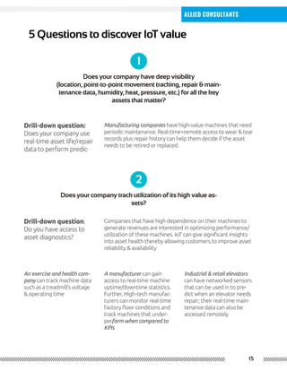 15
Allied Consultants
5 Questions to discover IoT value
1
Does your company have deep visibility
(location, point-to-point movement tracking, repair & main-
tenance data, humidity, heat, pressure, etc.) for all the key
assets that matter?
Drill-down question:
Does your company use
real-time asset life/repair
data to perform predic-
Manufacturing companies have high-value machines that need
periodic maintenance. Real-time+remote access to wear & tear
records plus repair history can help them decide if the asset
needs to be retired or replaced.
2
Does your company track utilization of its high value as-
sets?
Drill-down question:
Do you have access to
asset diagnostics?
Companies that have high dependence on their machines to
generate revenues are interested in optimizing performance/
utilization of these machines. IoT can give significant insights
into asset health thereby allowing customers to improve asset
reliability & availability
An exercise and health com-
pany can track machine data
such as a treadmill’s voltage
& operating time
A manufacturer can gain
access to real-time machine
uptime/downtime statistics.
Further, High-tech manufac-
turers can monitor real-time
factory floor conditions and
track machines that under-
perform when compared to
KPIs
Industrial & retail elevators
can have networked sensors
that can be used in to pre-
dict when an elevator needs
repair; their real-time main-
tenance data can also be
accessed remotely
 